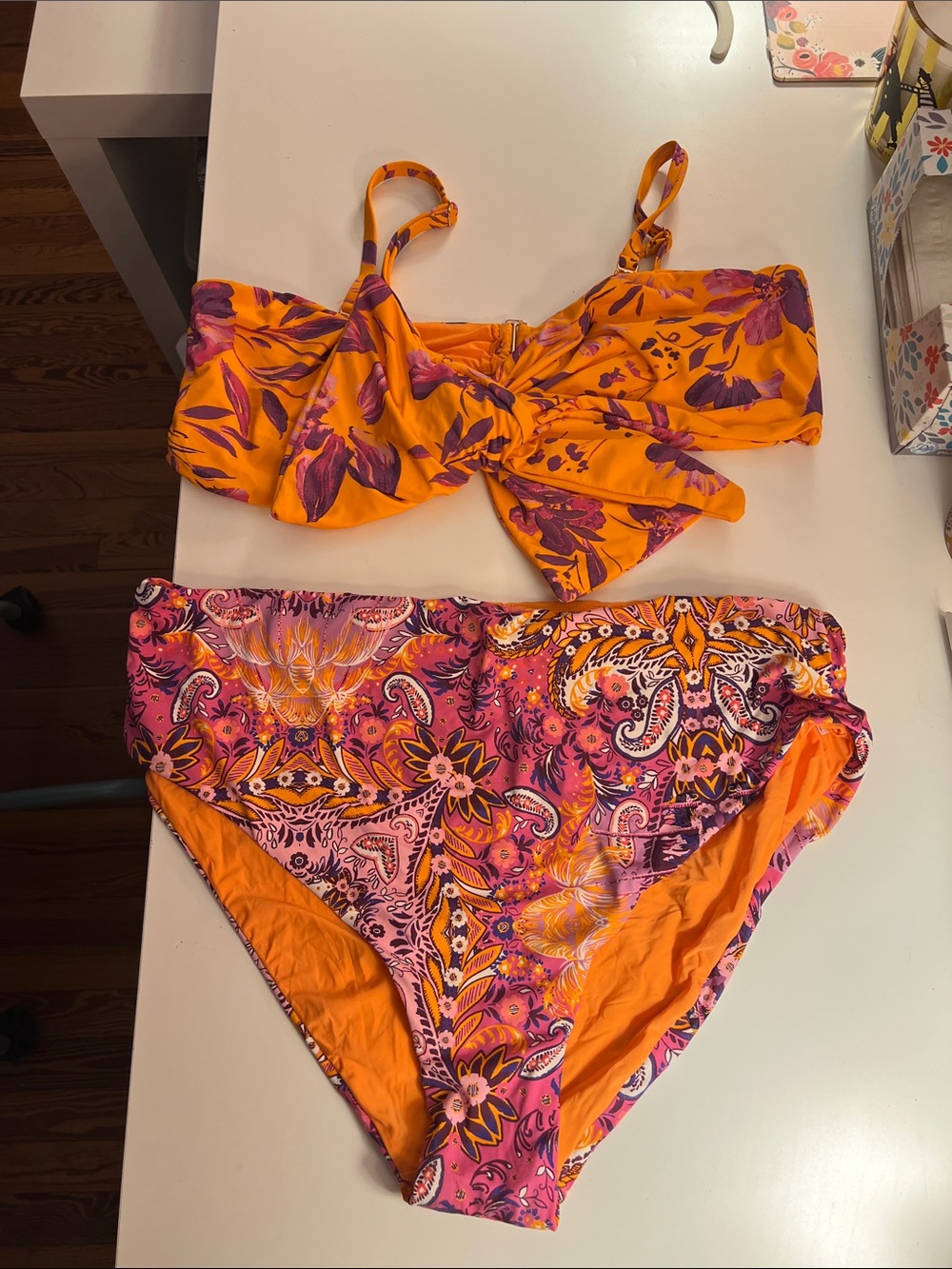 Anthropologie Orange and Pink Floral Twist Bikini Set